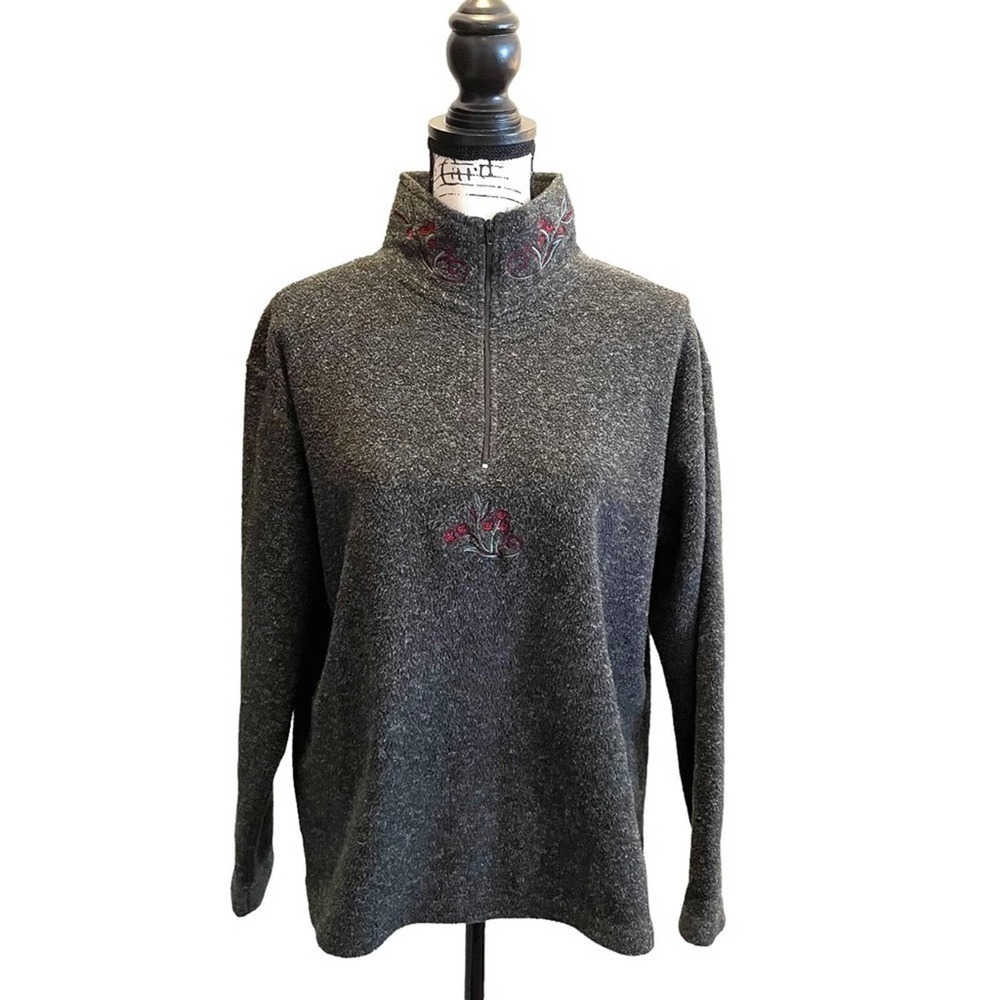 VS Victoria Secret Country 1/4 Zip Fleece Pullover Gray Small Floral Vintage Y2K